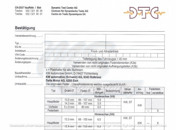 DTC Gutachten für KW & ST Gewindefahrwerke Tieferlegung > 40mm Nachbestellung mit